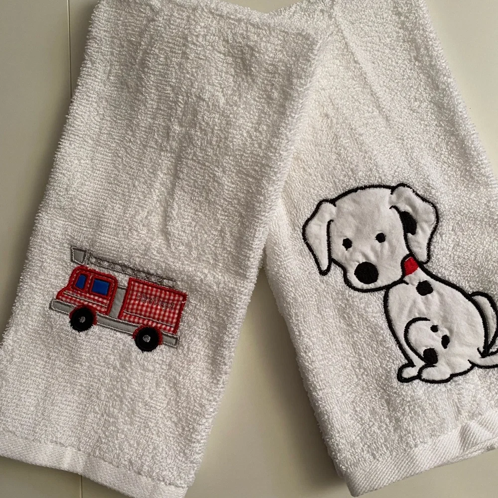 Firetruck and Dalmatian Hand Towels - for your little fireman - set of two
